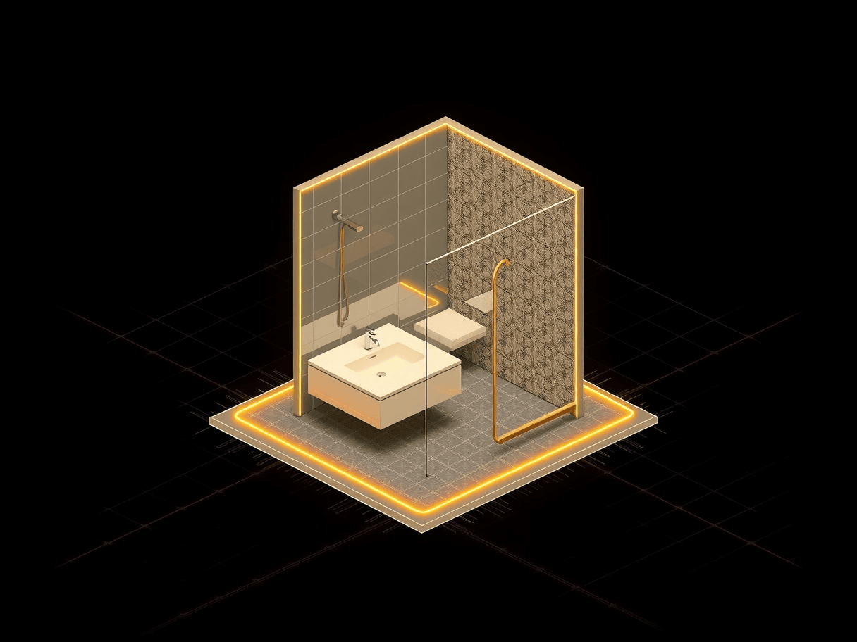 Isometric blueprint wireframe of a bathroom remodel — walk-in glass shower, floating vanity and tile drawn in glowing white and gold line-work on a drafting grid