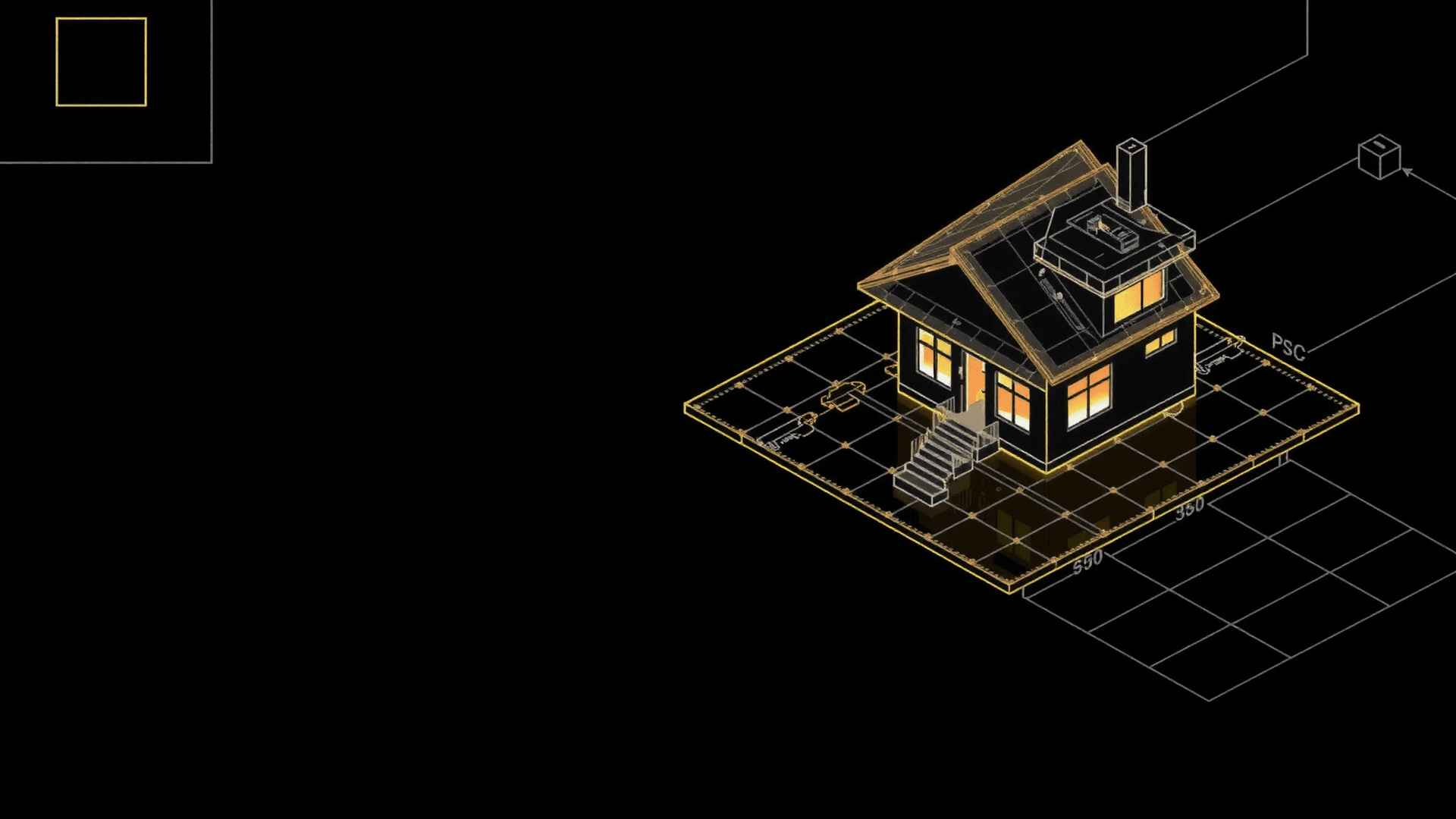 Isometric architectural blueprint of a two-story house in glowing white and gold wireframe, rising from a drafting grid — how OnSite scopes a whole build before crews arrive