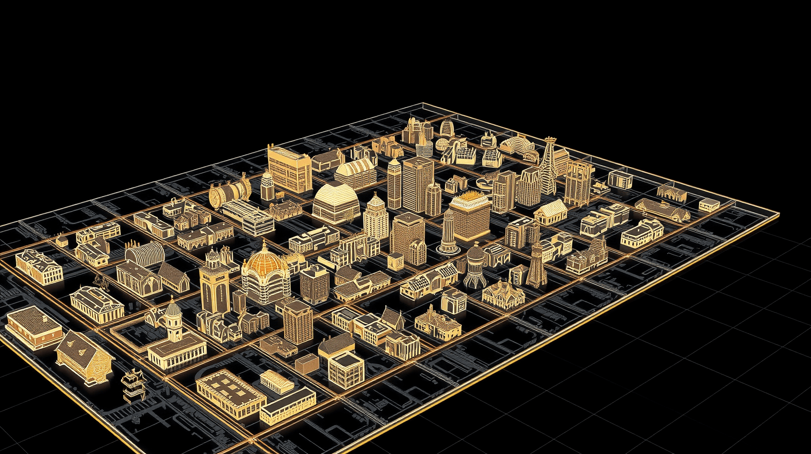 Sprawling isometric blueprint cityscape of houses and buildings in gold and white wireframe on a vast drafting grid — the scale OnSite crews build across