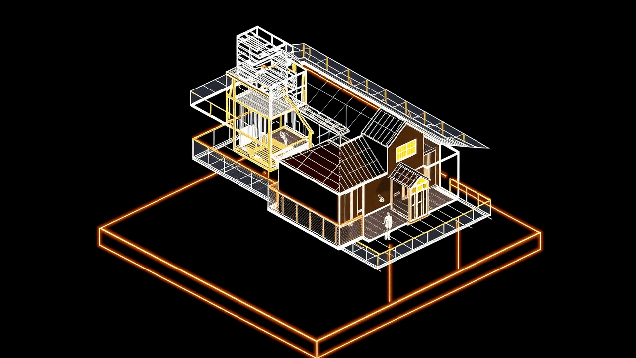 Exploded isometric blueprint of a house under assembly — framing, roof planes and floors separating in glowing white and gold wireframe over a drafting grid