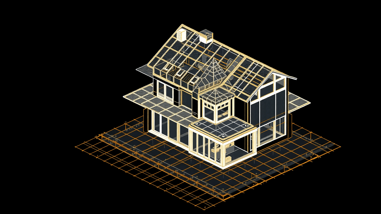 Isometric blueprint detail of a two-story house — roof structure, bay window and framing drawn in glowing white and gold wireframe on a drafting grid