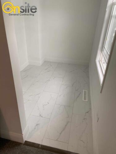 porcelain tile 12" x 24" material, marble look, installation and grouting